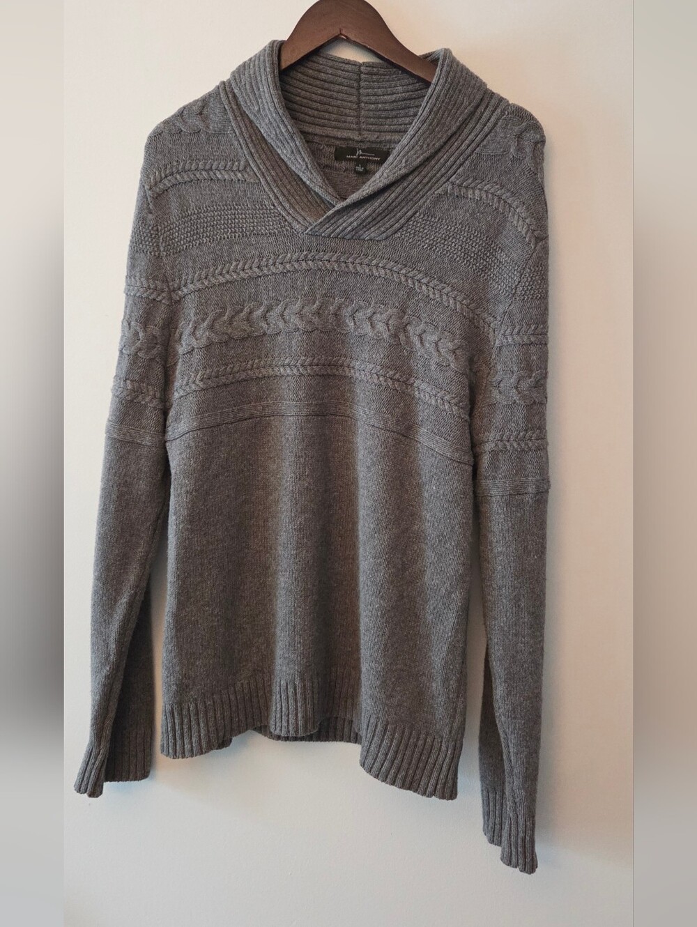 MARC ANTHONY Knit Grey Pullover Sweater With A Cowl V-Neck & Cable Knit Size L